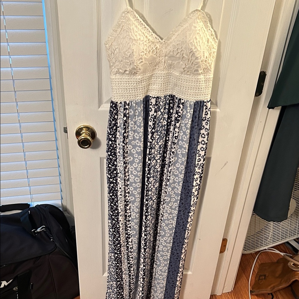 Derek Heart Cream Crochet Bodice Maxi with Blue Floral Stripe Skirt